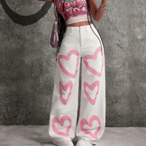 One Pair of Stylish Heart-Printed Women's Straight-Leg Pants