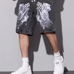 American Street Style Denim Shorts with Print, Elastic Waistband